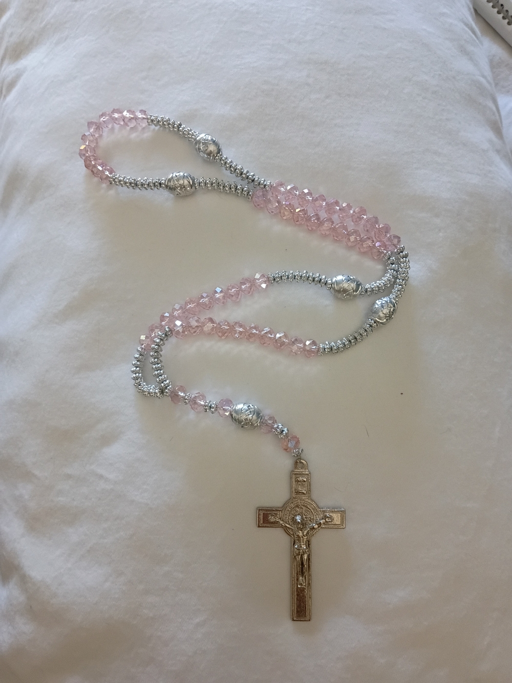 Delicate Pink Crystal Rosary Necklace with Silver Accents Whit Saint Benedict.